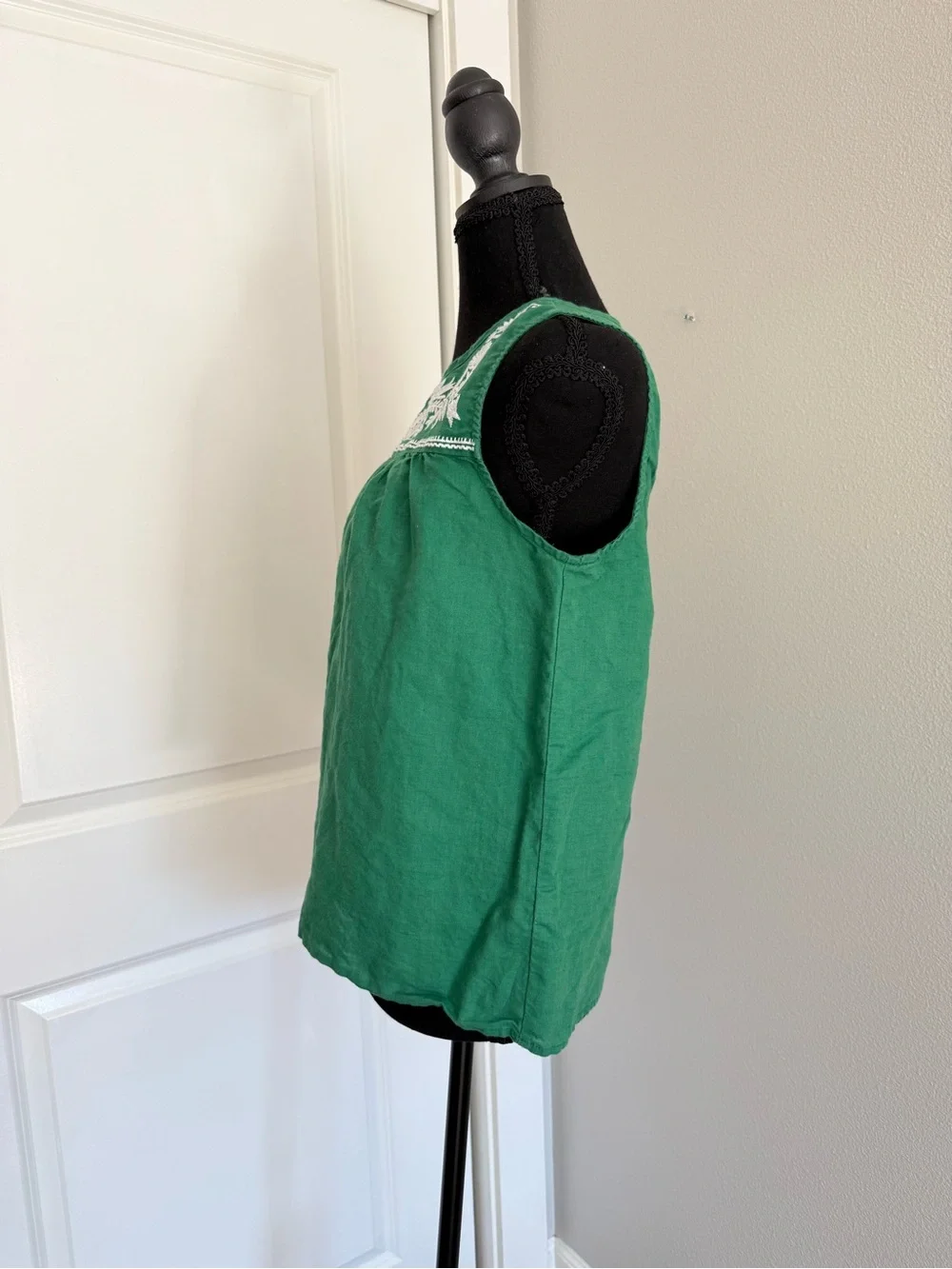 J. Crew Green Sleeveless Embroidered Yoke Top